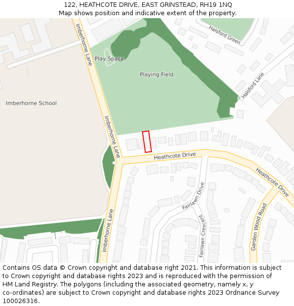 122, HEATHCOTE DRIVE, EAST GRINSTEAD, RH19 1NQ: Location map and indicative extent of plot