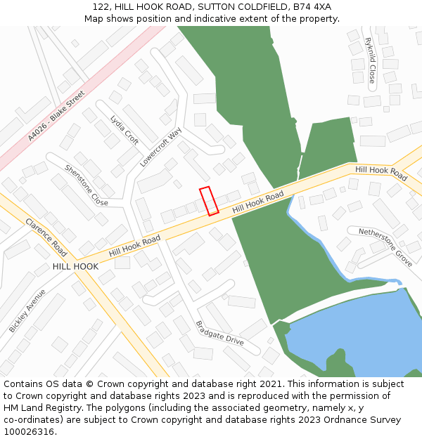 122, HILL HOOK ROAD, SUTTON COLDFIELD, B74 4XA: Location map and indicative extent of plot