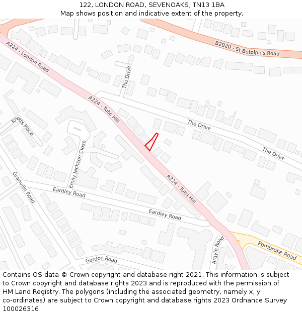 122, LONDON ROAD, SEVENOAKS, TN13 1BA: Location map and indicative extent of plot