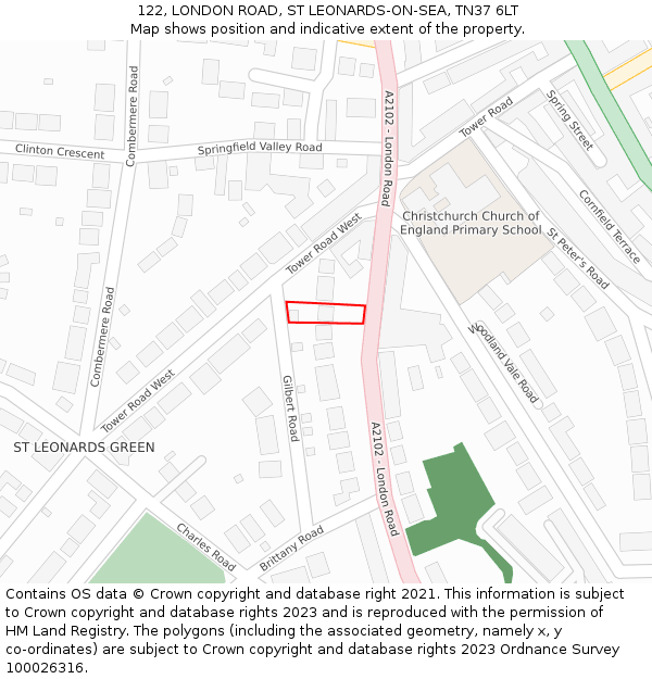 122, LONDON ROAD, ST LEONARDS-ON-SEA, TN37 6LT: Location map and indicative extent of plot