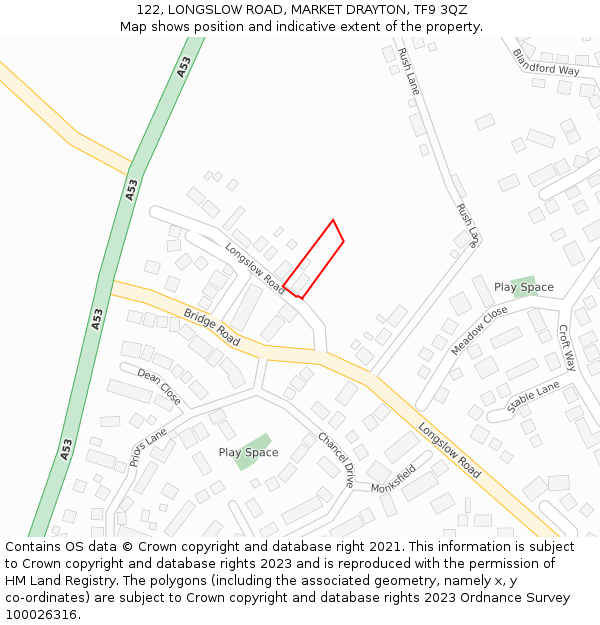 122, LONGSLOW ROAD, MARKET DRAYTON, TF9 3QZ: Location map and indicative extent of plot