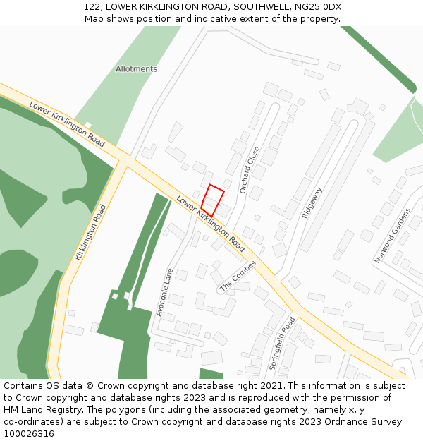 122, LOWER KIRKLINGTON ROAD, SOUTHWELL, NG25 0DX: Location map and indicative extent of plot