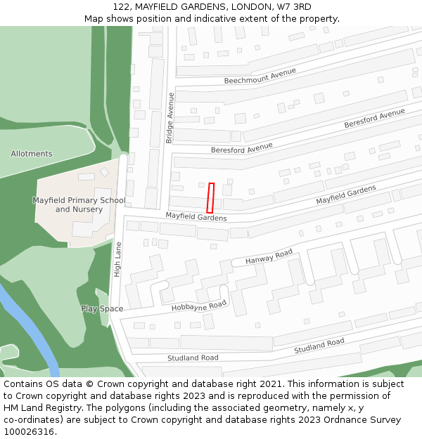 122, MAYFIELD GARDENS, LONDON, W7 3RD: Location map and indicative extent of plot