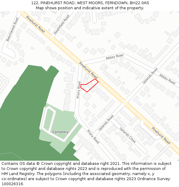 122, PINEHURST ROAD, WEST MOORS, FERNDOWN, BH22 0AS: Location map and indicative extent of plot