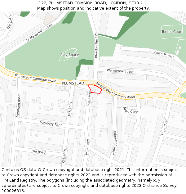 122, PLUMSTEAD COMMON ROAD, LONDON, SE18 2UL: Location map and indicative extent of plot