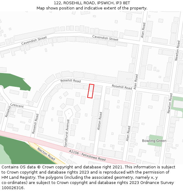 122, ROSEHILL ROAD, IPSWICH, IP3 8ET: Location map and indicative extent of plot