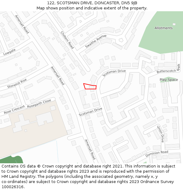 122, SCOTSMAN DRIVE, DONCASTER, DN5 9JB: Location map and indicative extent of plot