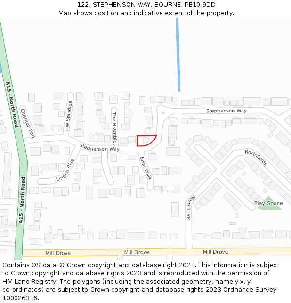 122, STEPHENSON WAY, BOURNE, PE10 9DD: Location map and indicative extent of plot