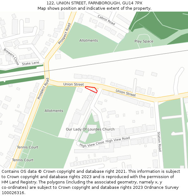 122, UNION STREET, FARNBOROUGH, GU14 7PX: Location map and indicative extent of plot