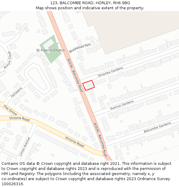 123, BALCOMBE ROAD, HORLEY, RH6 9BG: Location map and indicative extent of plot