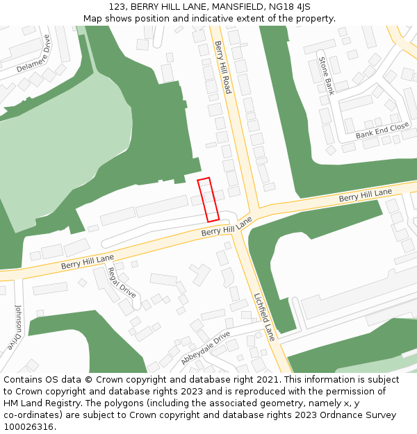 123, BERRY HILL LANE, MANSFIELD, NG18 4JS: Location map and indicative extent of plot