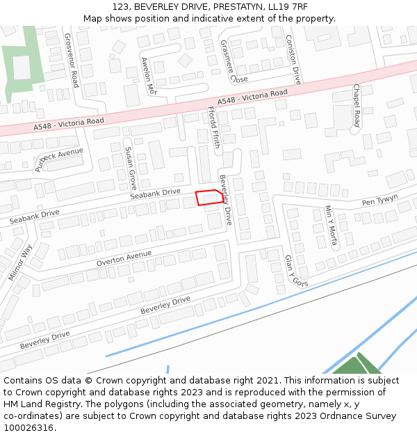 123, BEVERLEY DRIVE, PRESTATYN, LL19 7RF: Location map and indicative extent of plot