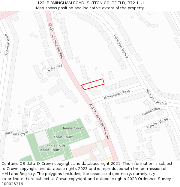 123, BIRMINGHAM ROAD, SUTTON COLDFIELD, B72 1LU: Location map and indicative extent of plot