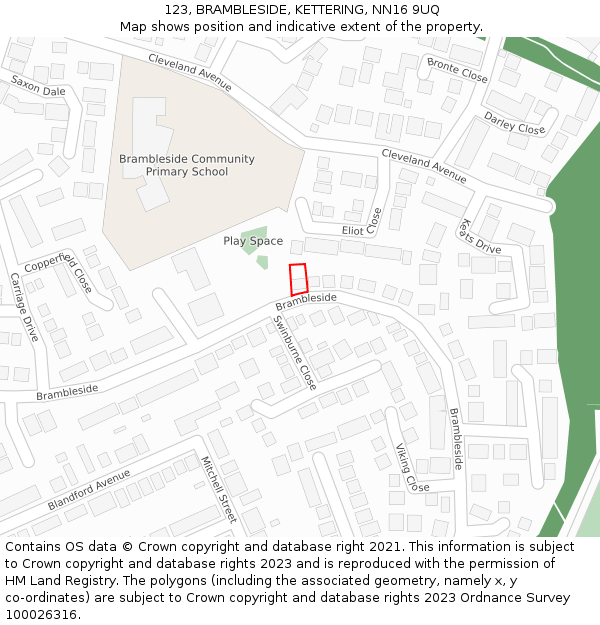 123, BRAMBLESIDE, KETTERING, NN16 9UQ: Location map and indicative extent of plot