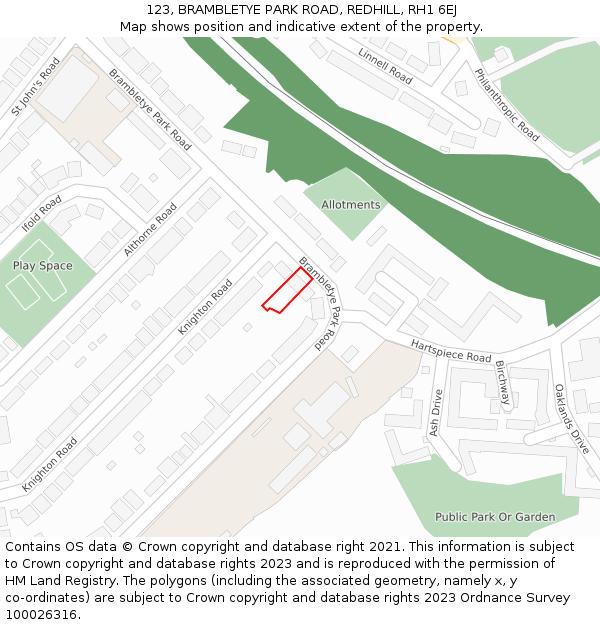 123, BRAMBLETYE PARK ROAD, REDHILL, RH1 6EJ: Location map and indicative extent of plot