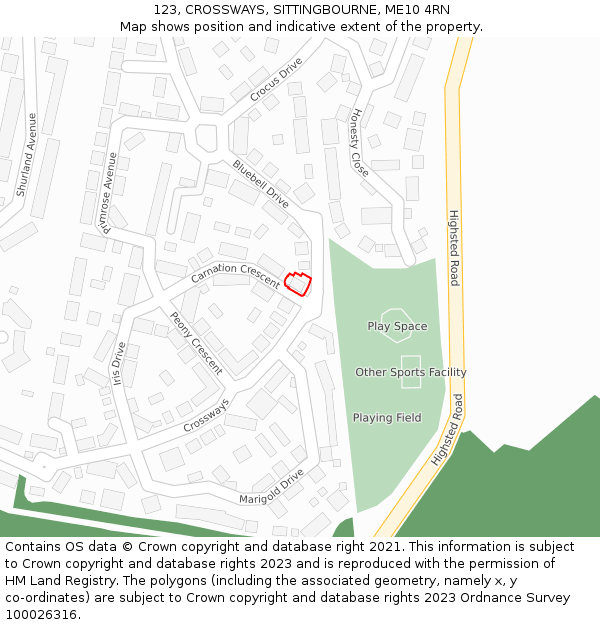 123, CROSSWAYS, SITTINGBOURNE, ME10 4RN: Location map and indicative extent of plot