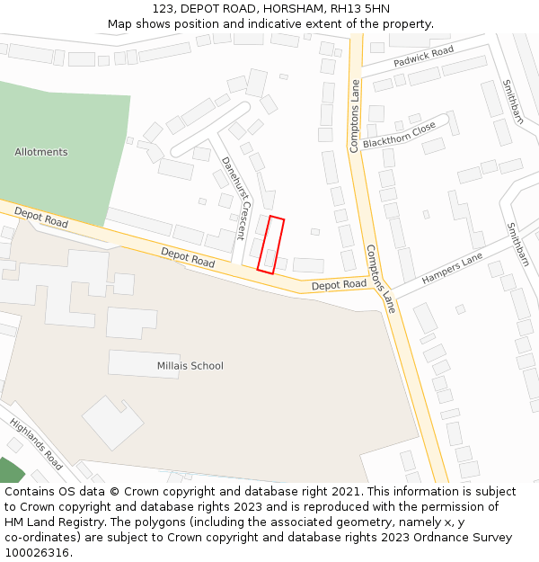 123, DEPOT ROAD, HORSHAM, RH13 5HN: Location map and indicative extent of plot