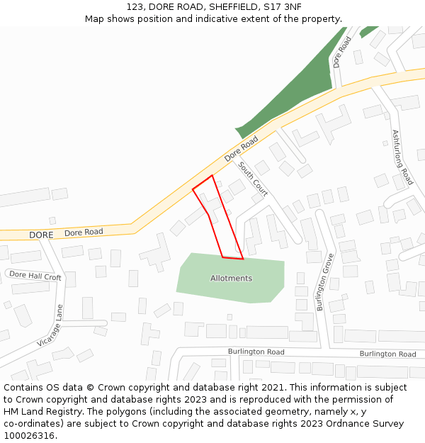123, DORE ROAD, SHEFFIELD, S17 3NF: Location map and indicative extent of plot