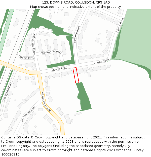 123, DOWNS ROAD, COULSDON, CR5 1AD: Location map and indicative extent of plot