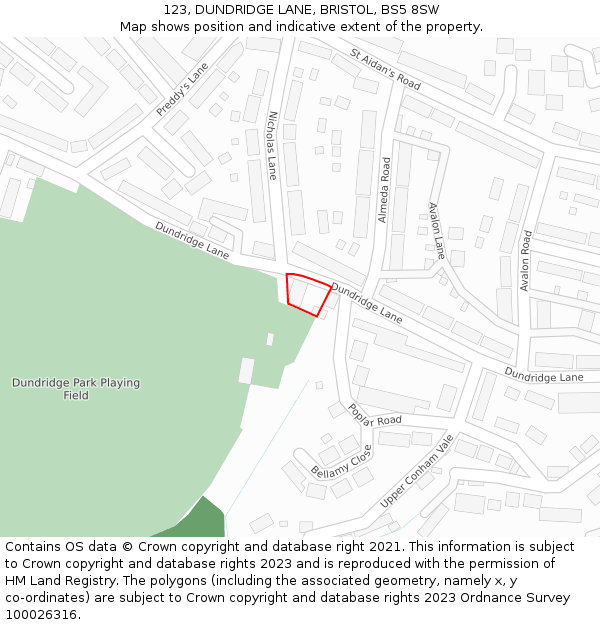 123, DUNDRIDGE LANE, BRISTOL, BS5 8SW: Location map and indicative extent of plot