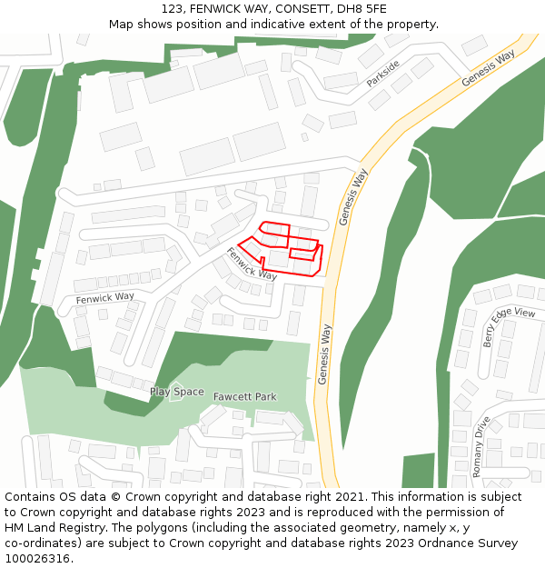 123, FENWICK WAY, CONSETT, DH8 5FE: Location map and indicative extent of plot