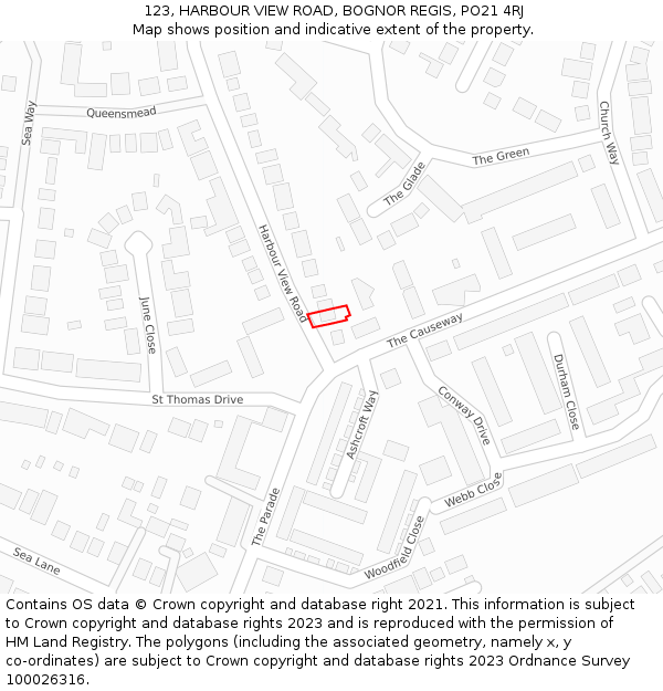 123, HARBOUR VIEW ROAD, BOGNOR REGIS, PO21 4RJ: Location map and indicative extent of plot