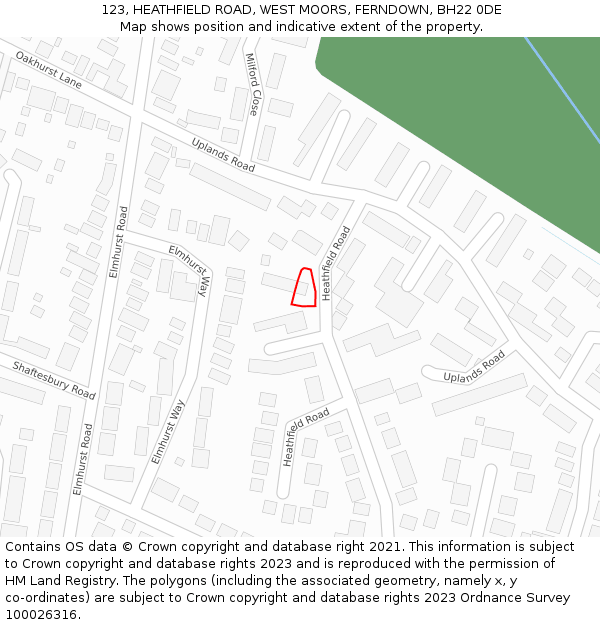 123, HEATHFIELD ROAD, WEST MOORS, FERNDOWN, BH22 0DE: Location map and indicative extent of plot