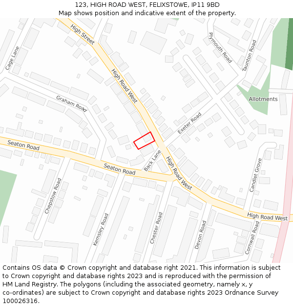 123, HIGH ROAD WEST, FELIXSTOWE, IP11 9BD: Location map and indicative extent of plot