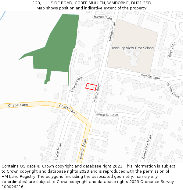 123, HILLSIDE ROAD, CORFE MULLEN, WIMBORNE, BH21 3SD: Location map and indicative extent of plot