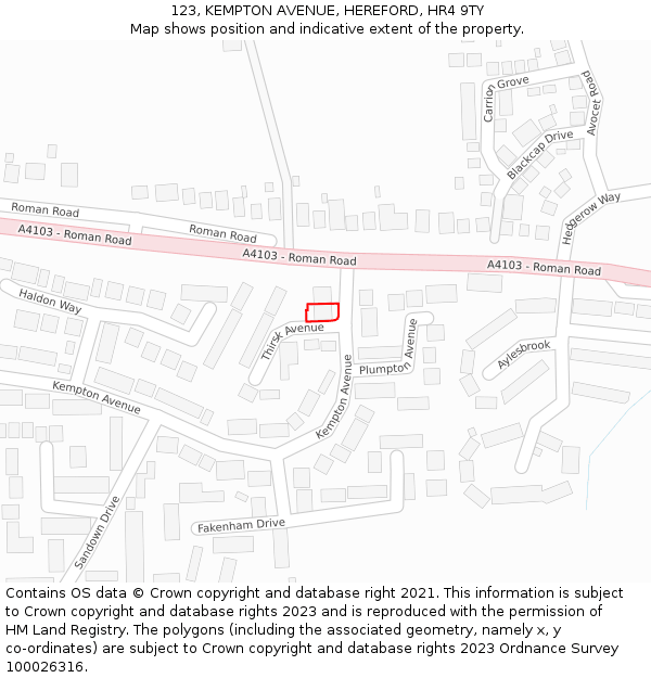 123, KEMPTON AVENUE, HEREFORD, HR4 9TY: Location map and indicative extent of plot