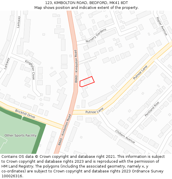 123, KIMBOLTON ROAD, BEDFORD, MK41 8DT: Location map and indicative extent of plot