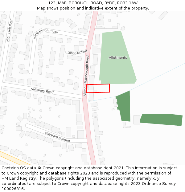 123, MARLBOROUGH ROAD, RYDE, PO33 1AW: Location map and indicative extent of plot
