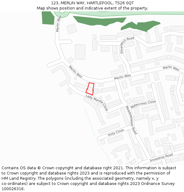 123, MERLIN WAY, HARTLEPOOL, TS26 0QT: Location map and indicative extent of plot