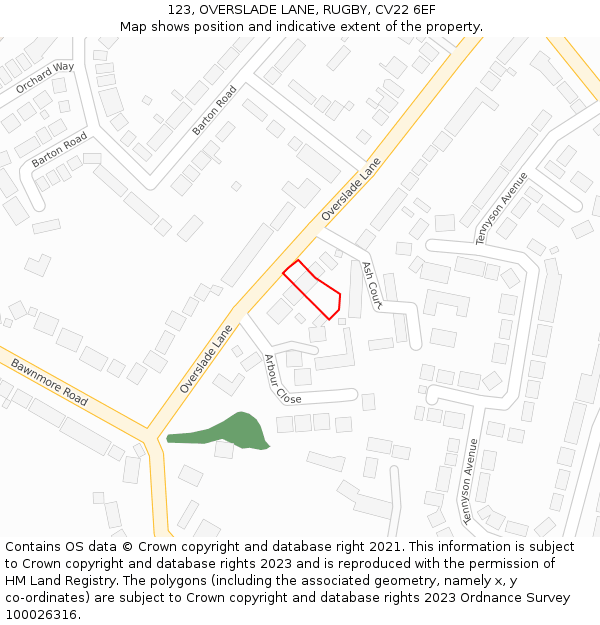 123, OVERSLADE LANE, RUGBY, CV22 6EF: Location map and indicative extent of plot