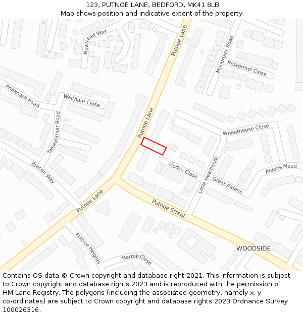 123, PUTNOE LANE, BEDFORD, MK41 8LB: Location map and indicative extent of plot