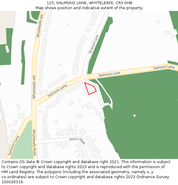 123, SALMONS LANE, WHYTELEAFE, CR3 0HB: Location map and indicative extent of plot