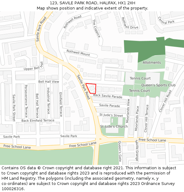 123, SAVILE PARK ROAD, HALIFAX, HX1 2XH: Location map and indicative extent of plot