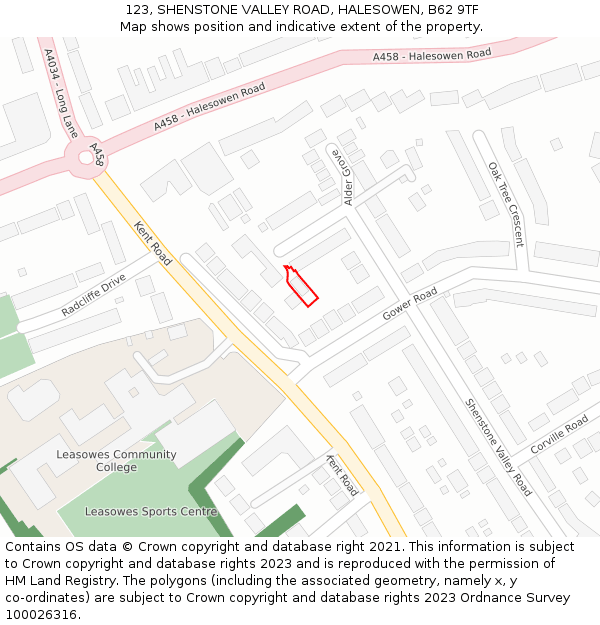 123, SHENSTONE VALLEY ROAD, HALESOWEN, B62 9TF: Location map and indicative extent of plot