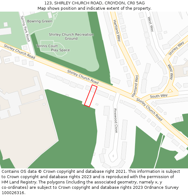 123, SHIRLEY CHURCH ROAD, CROYDON, CR0 5AG: Location map and indicative extent of plot