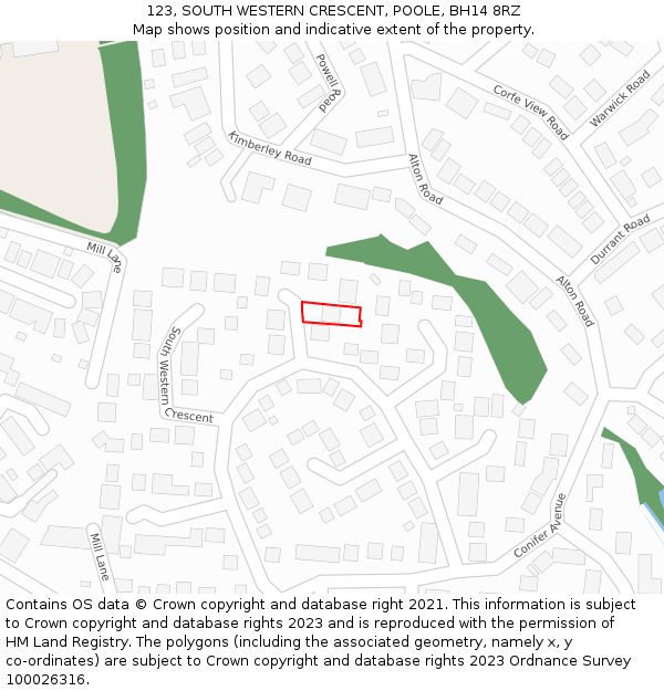 123, SOUTH WESTERN CRESCENT, POOLE, BH14 8RZ: Location map and indicative extent of plot