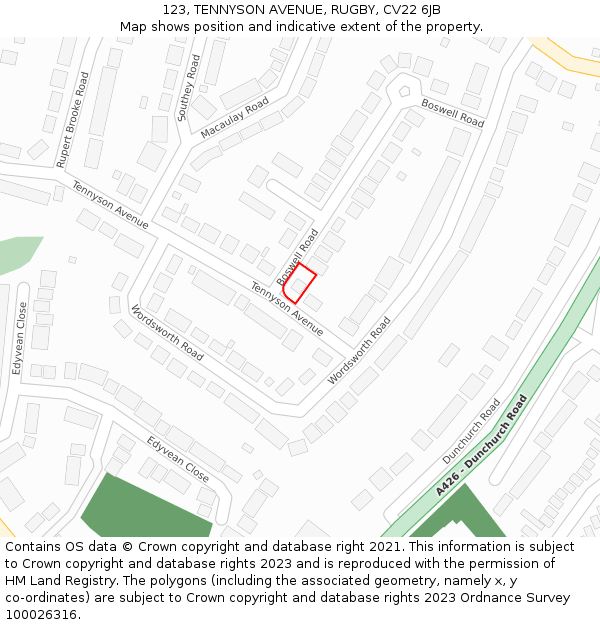 123, TENNYSON AVENUE, RUGBY, CV22 6JB: Location map and indicative extent of plot