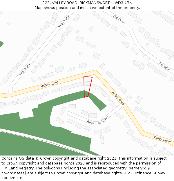 123, VALLEY ROAD, RICKMANSWORTH, WD3 4BN: Location map and indicative extent of plot