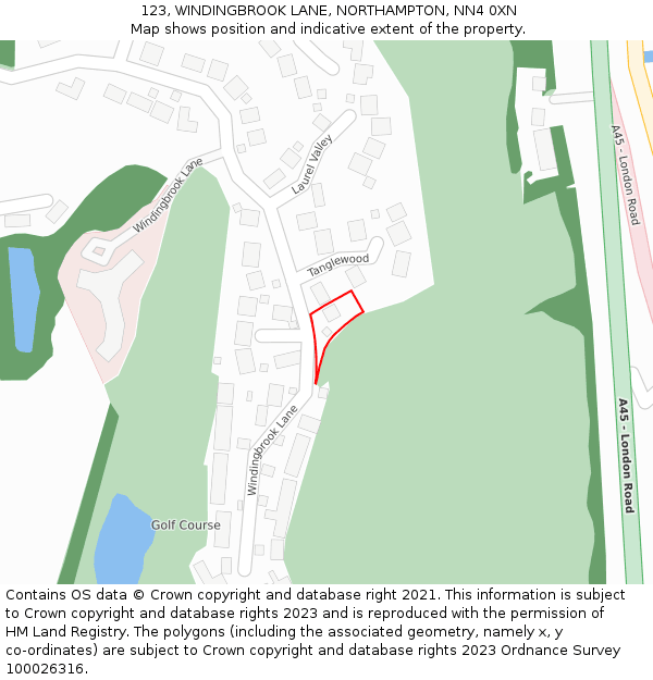 123, WINDINGBROOK LANE, NORTHAMPTON, NN4 0XN: Location map and indicative extent of plot