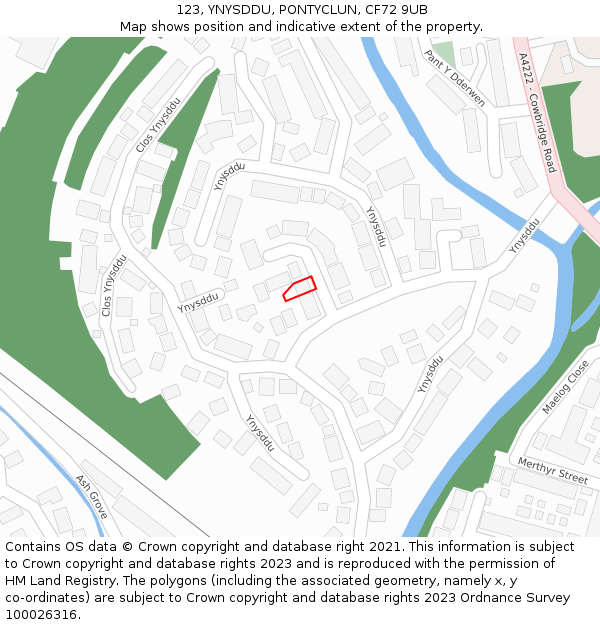 123, YNYSDDU, PONTYCLUN, CF72 9UB: Location map and indicative extent of plot
