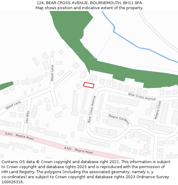 124, BEAR CROSS AVENUE, BOURNEMOUTH, BH11 9PA: Location map and indicative extent of plot