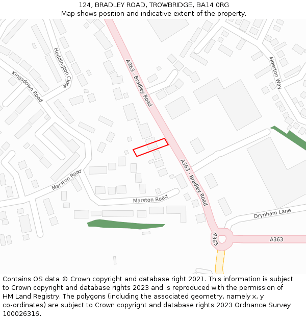 124, BRADLEY ROAD, TROWBRIDGE, BA14 0RG: Location map and indicative extent of plot