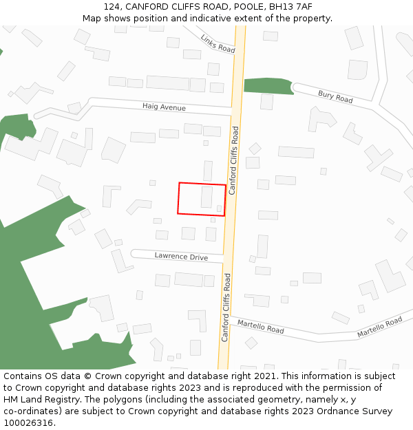 124, CANFORD CLIFFS ROAD, POOLE, BH13 7AF: Location map and indicative extent of plot