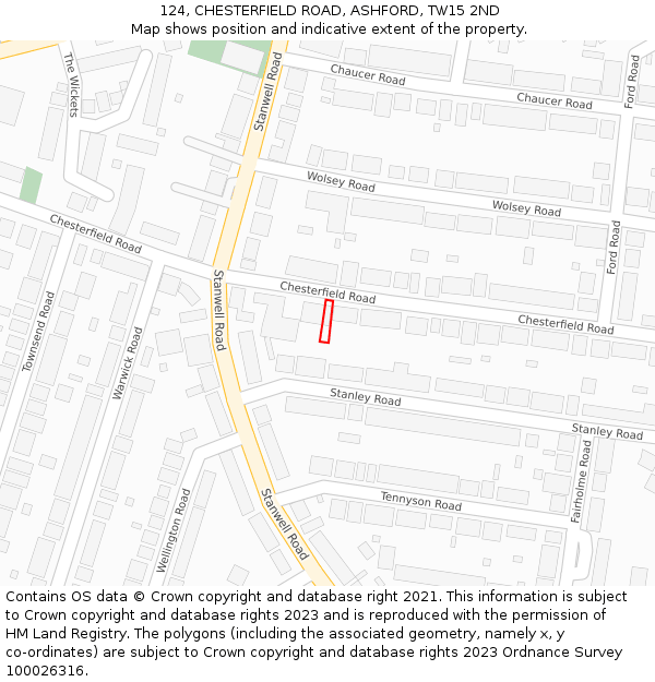 124, CHESTERFIELD ROAD, ASHFORD, TW15 2ND: Location map and indicative extent of plot