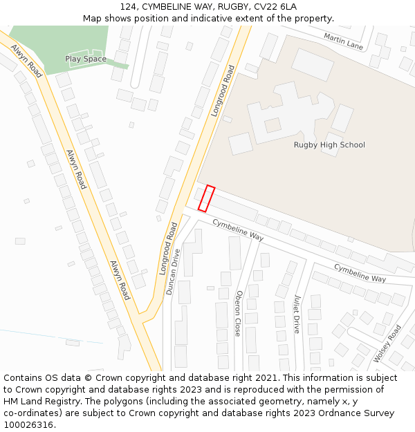 124, CYMBELINE WAY, RUGBY, CV22 6LA: Location map and indicative extent of plot