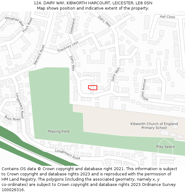 124, DAIRY WAY, KIBWORTH HARCOURT, LEICESTER, LE8 0SN: Location map and indicative extent of plot